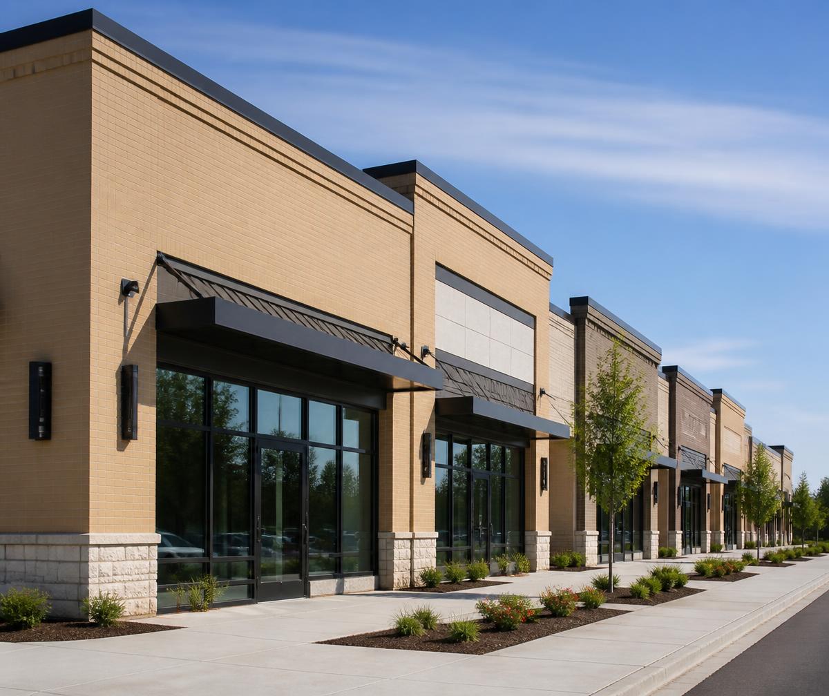Completed multi-tenant retail center with glass storefronts